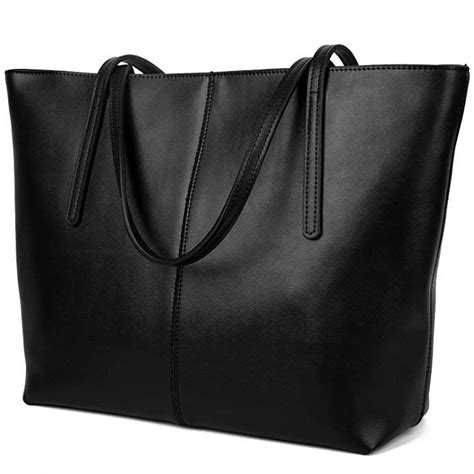 Black Large Leather Tote Bag With Zipper Closure 